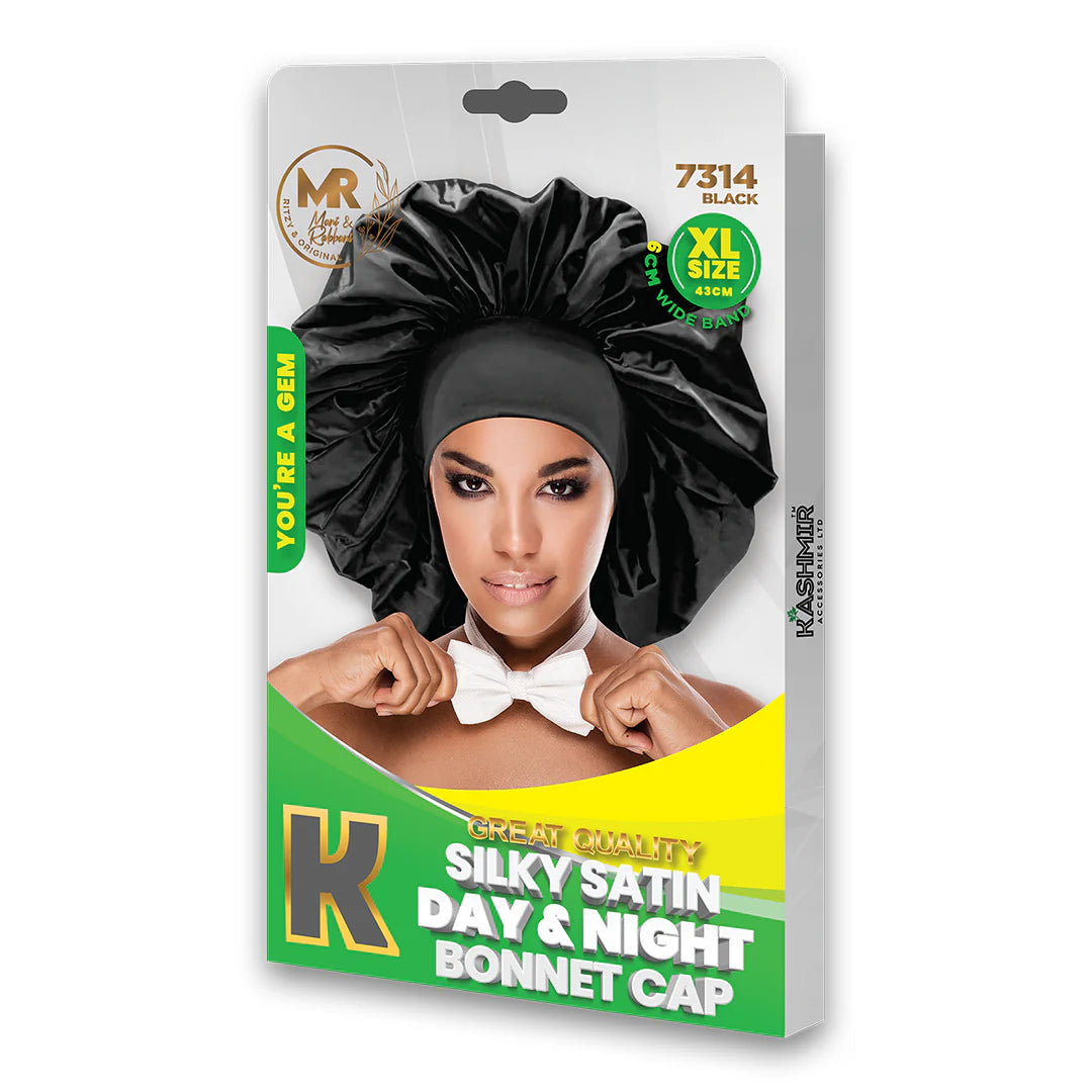 Silky Satin Day & Night Bonnet Cap Extra Large Black - 7314