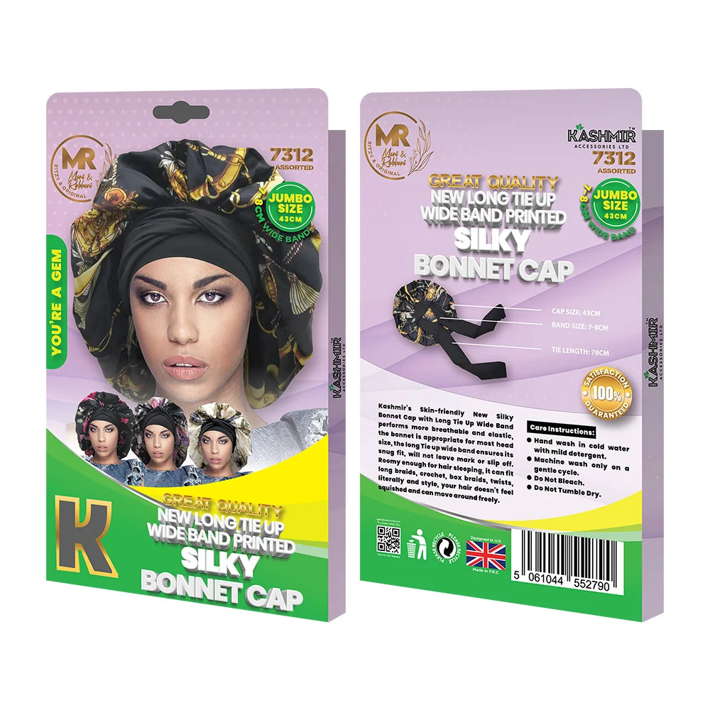 New Long Tie Up Wide Band Printed Silky Bonnet Cap Jumbo Mix - 7312