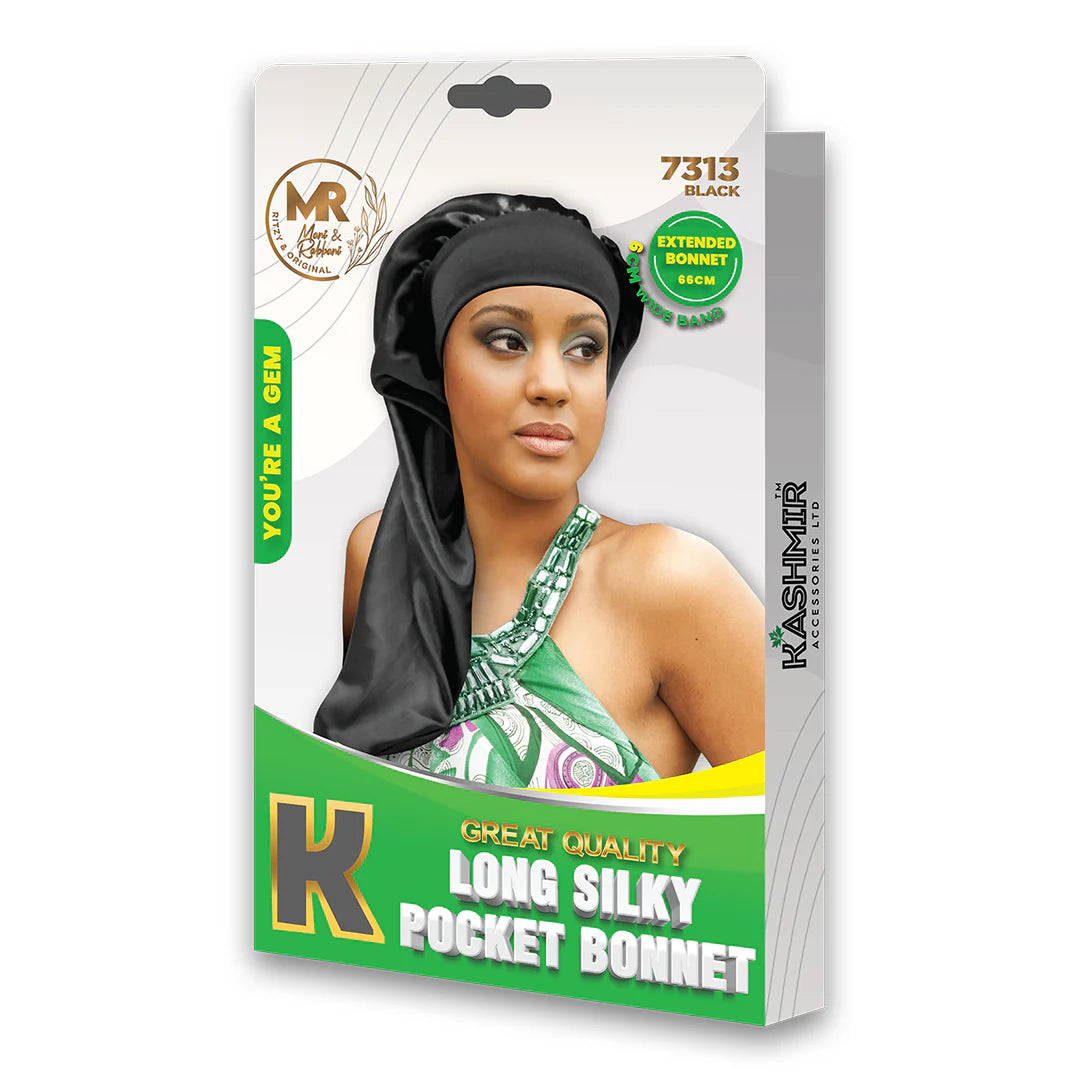 Great Quality Long Silky Pocket Bonnet Extended Bonnet Black - 7313