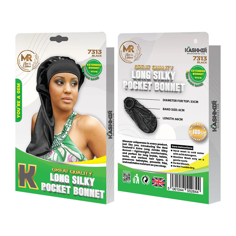 Great Quality Long Silky Pocket Bonnet Extended Bonnet Black - 7313