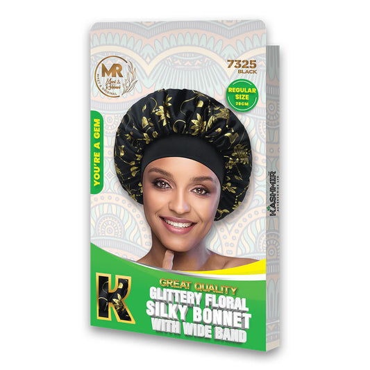 Glittery Floral Silky Bonnet With Wide Band Black - 7325