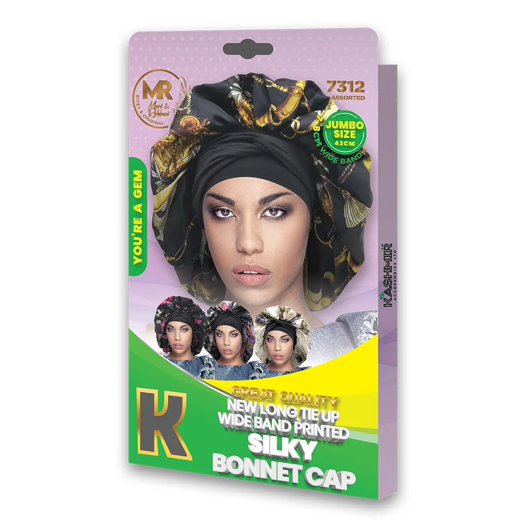 New Long Tie Up Wide Band Printed Silky Bonnet Cap Jumbo Mix - 7312