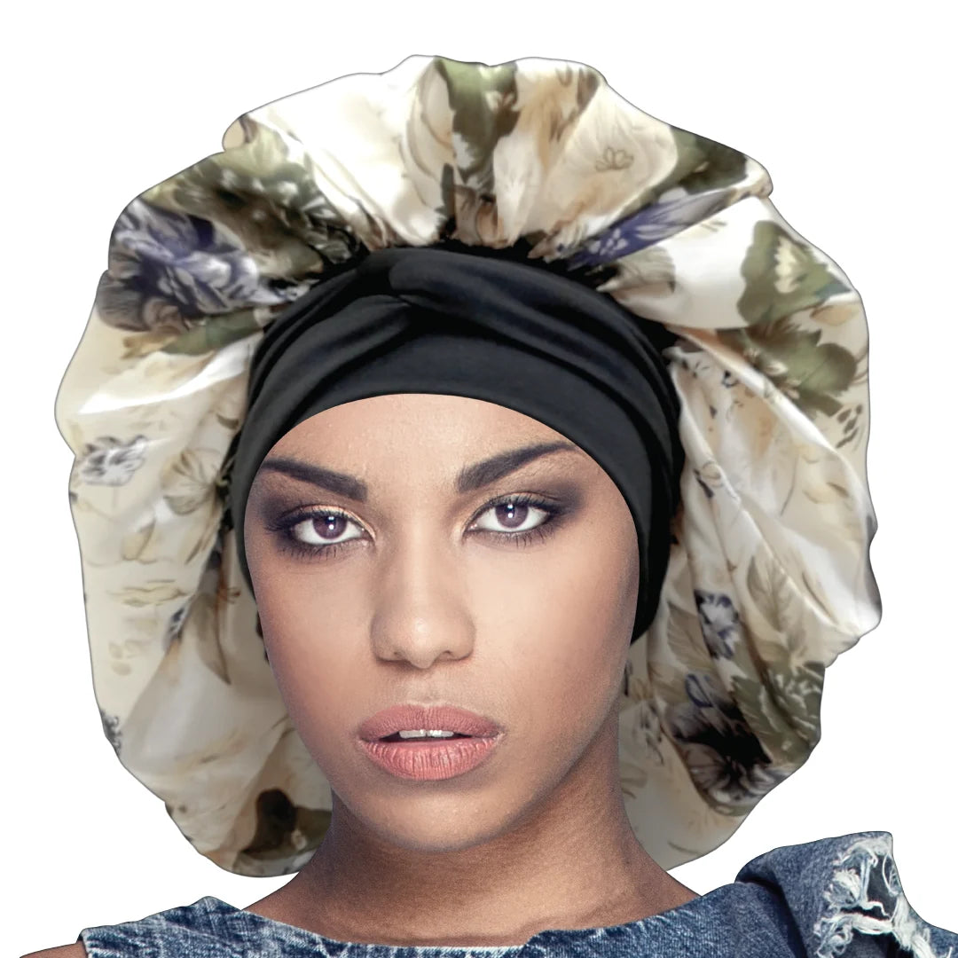 New Long Tie Up Wide Band Printed Silky Bonnet Cap Jumbo Mix - 7312