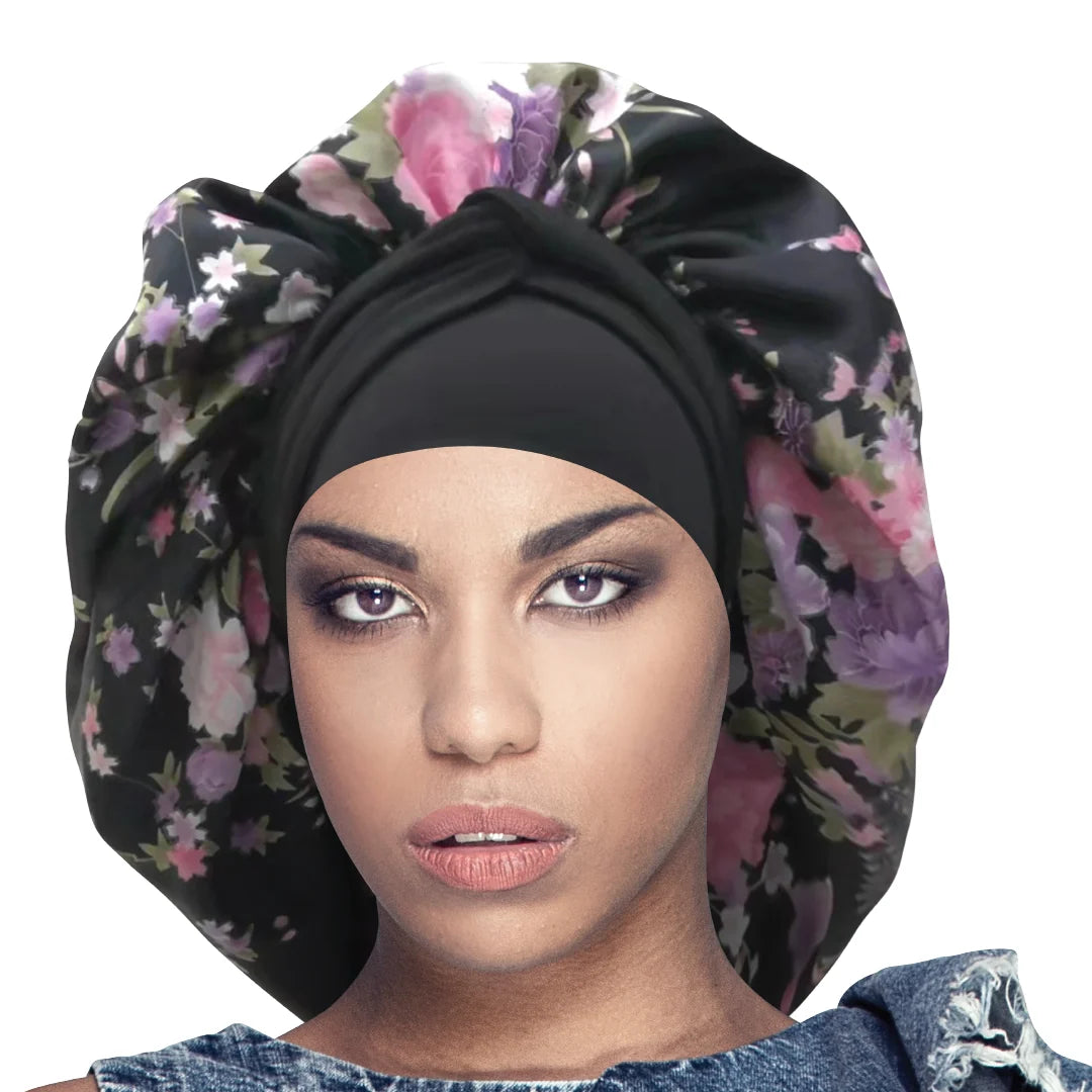 New Long Tie Up Wide Band Printed Silky Bonnet Cap Jumbo Mix - 7312