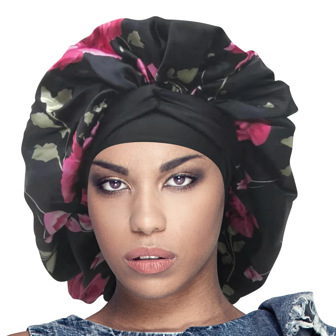 New Long Tie Up Wide Band Printed Silky Bonnet Cap Jumbo Mix - 7312