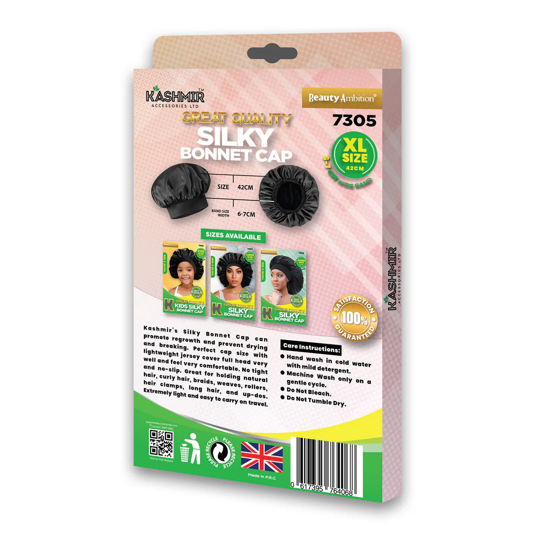 Great Quality Silky Bonnet Cap Extra Large Black - 7305