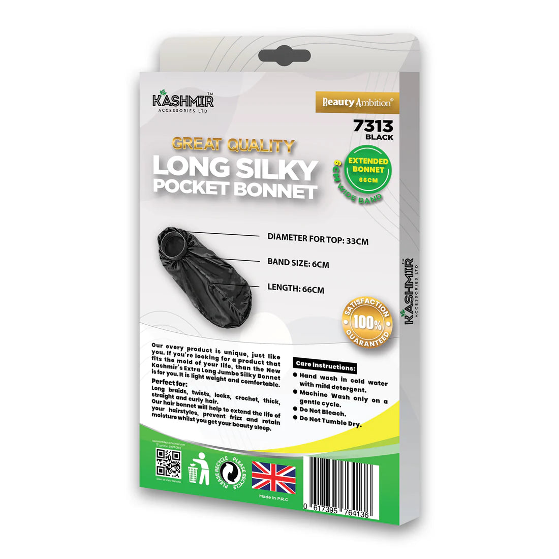 Great Quality Long Silky Pocket Bonnet Extended Bonnet Black - 7313