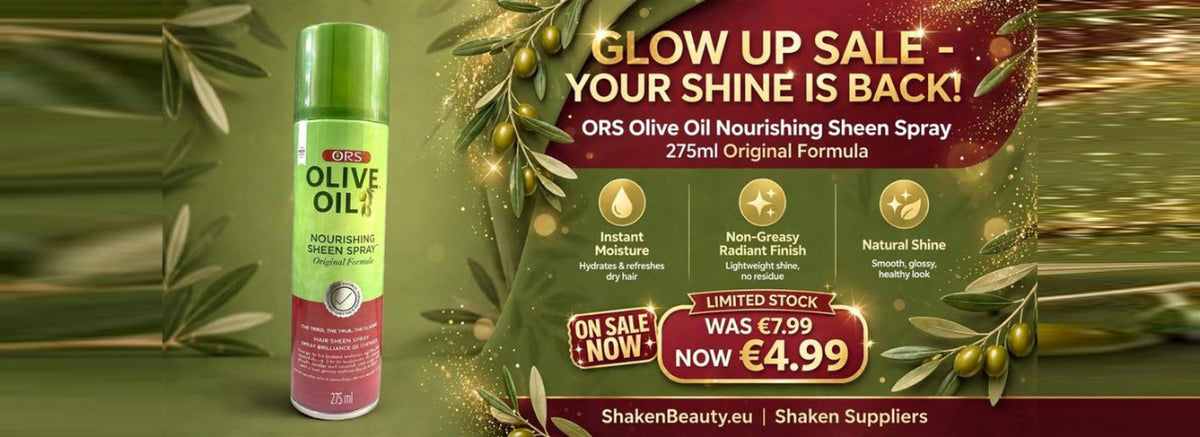 A promotional banner for ORS Olive Oil Nourishing Sheen Spray, showing a 275ml can of the product on the left and a dark olive-green background with olive branches and sale text on the right.